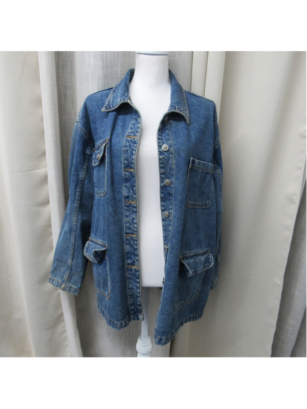 Vtg Bill Blass Oversized Blue Denim Chore Jacket 100% Cotton 90s Workwear Coat L